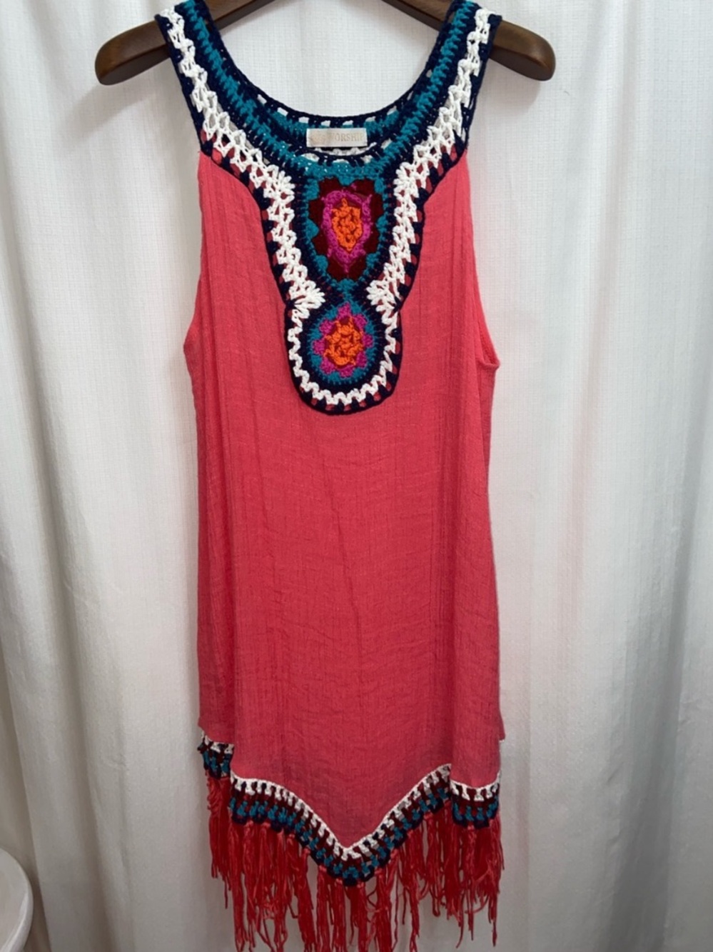 Vintage Boho Crochet Yoke Mini Dress w/Fringe in Coral Turquoise White Knit